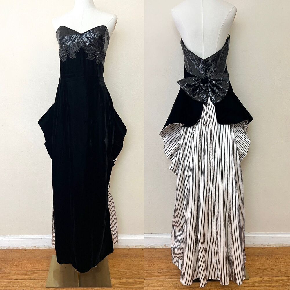 VTG 80s Jessica McClintock Black Velvet Strapless Beetlejuice Glam Dress Size 14